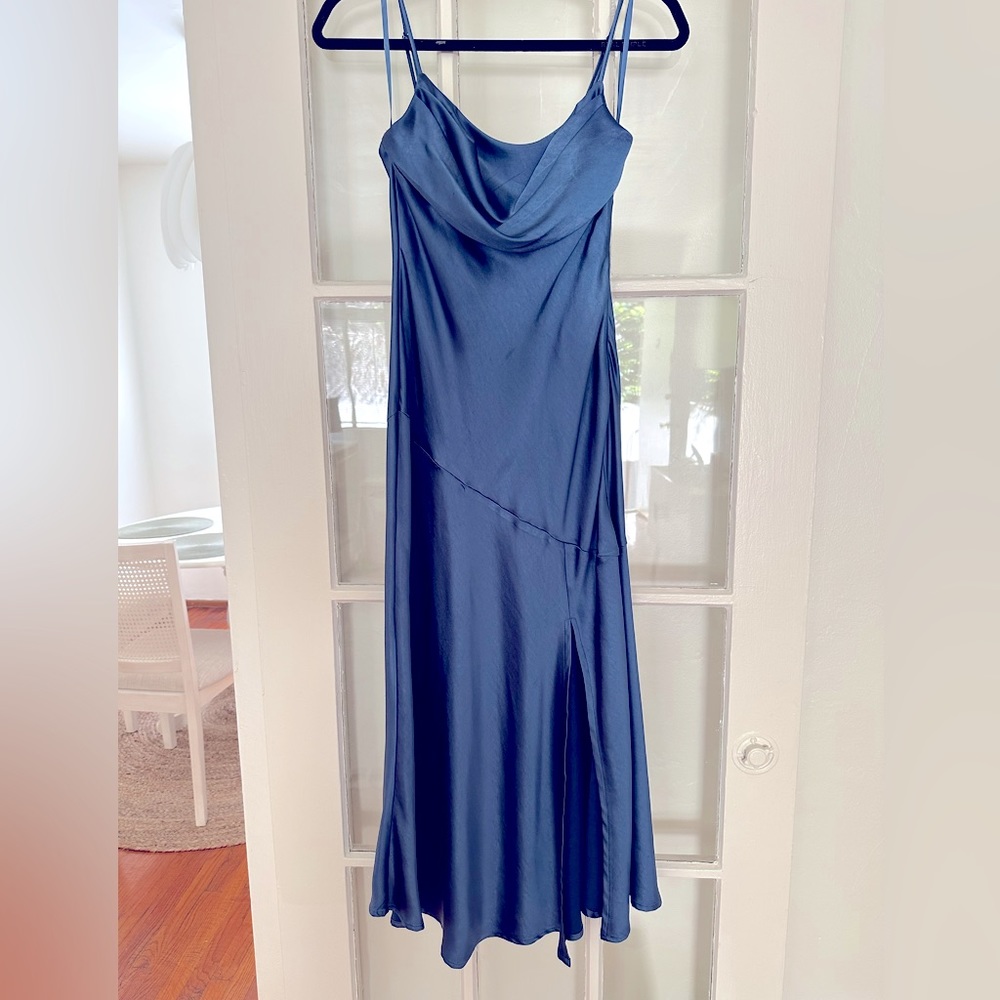 Saints & Secrets Satin Blue Dress w/slit, Size Small